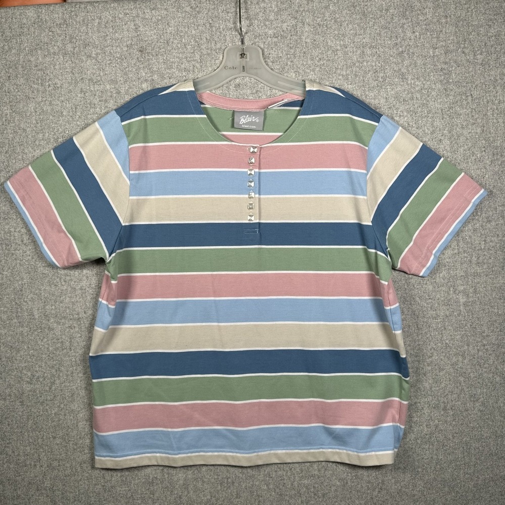 Vintage Blair Plus Large T-Shirt Womens Striped Short Sleeve Colorful Cotton